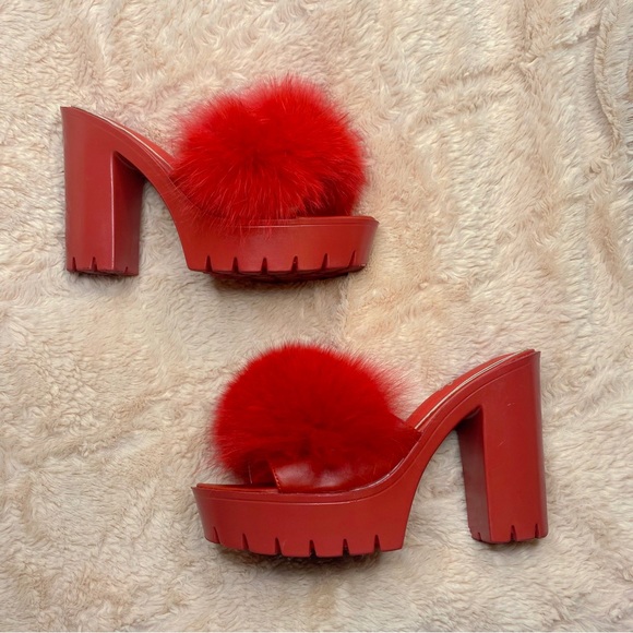 Faux Mink Red Strapless Chunky Heels - Picture 3 of 10